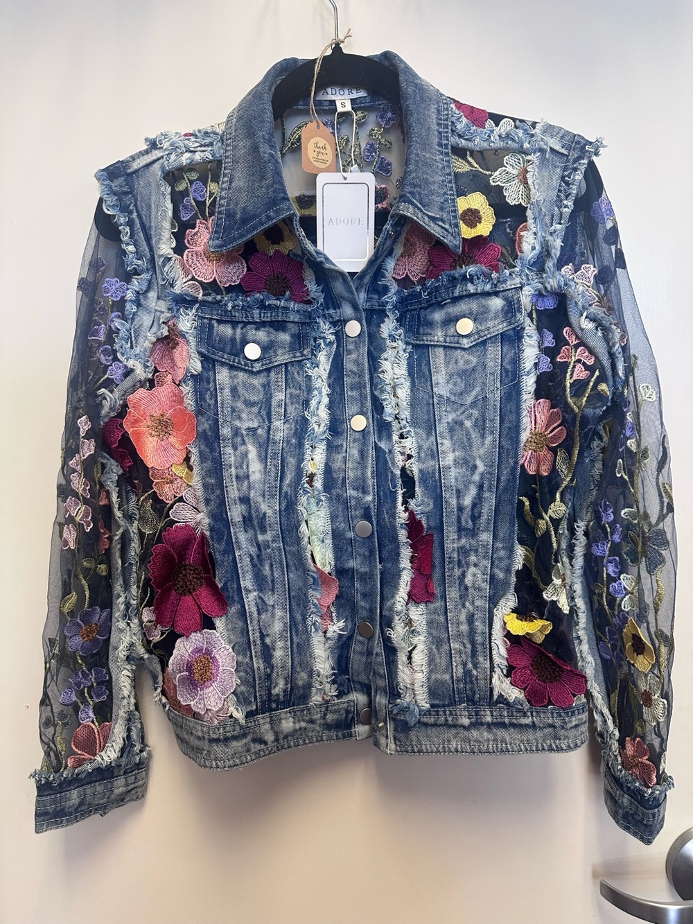 Adore Blue Denim Jacket with Multicolor Floral Embroidery